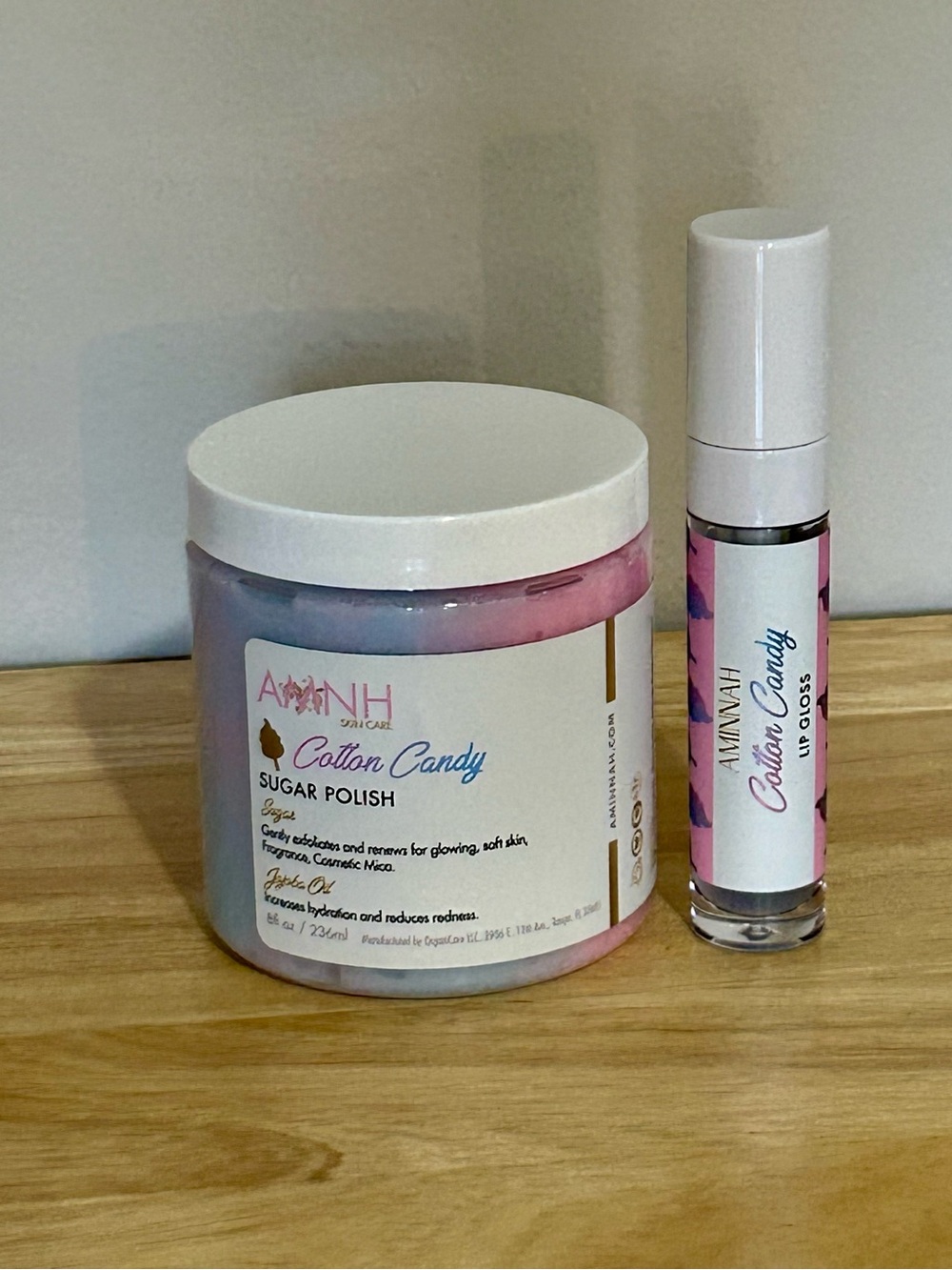 Aminnah Skincare Cotton Candy Duo Sugar Polish & Lip Gloss Set NWT
